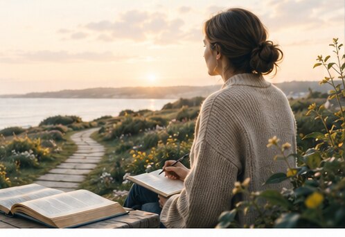 A clinician journaling on a coastal path at sunrise