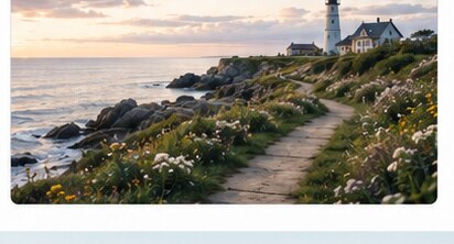 Coastal path leading to a lighthouse at dusk