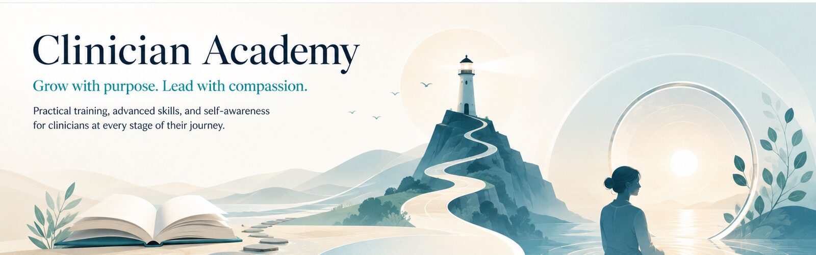 An illustrated journey at sunrise — an open book with stepping stones, a lighthouse on a hillside path, and a figure sitting in still water.