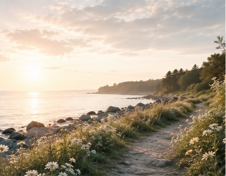 A coastal path lined with wildflowers at golden hour