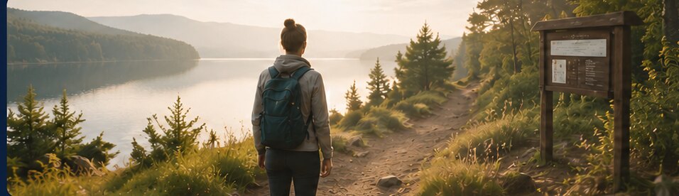 A hiker pausing on a trail overlooking a lake