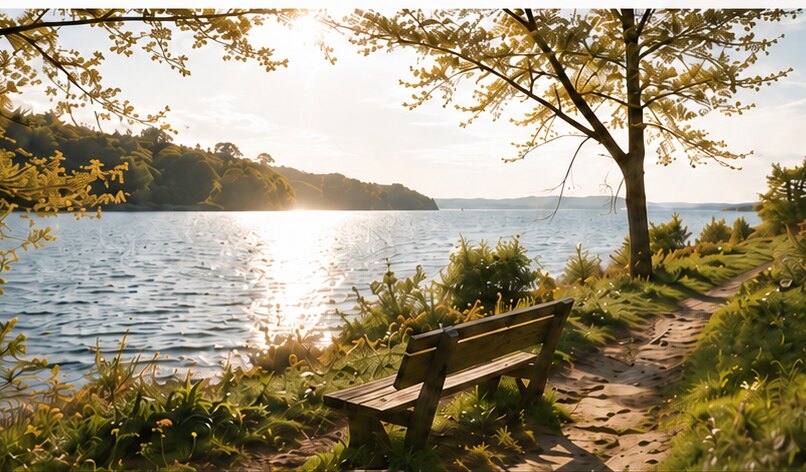 A bench beside a lake at golden hour