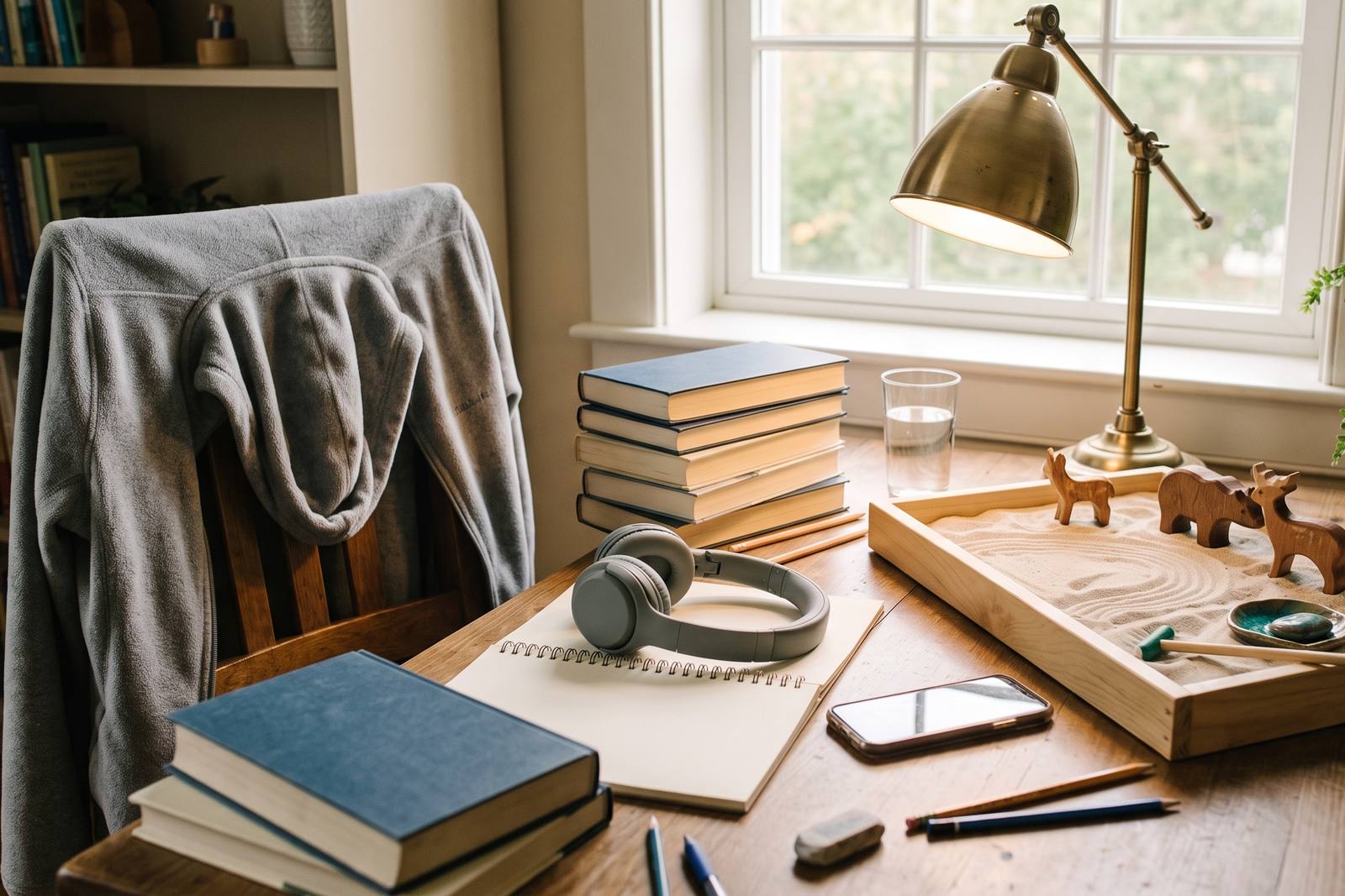 A grey hooded sweatshirt draped over the back of a wooden desk chair, headphones resting on an open spiral notebook beside a lit desk lamp.