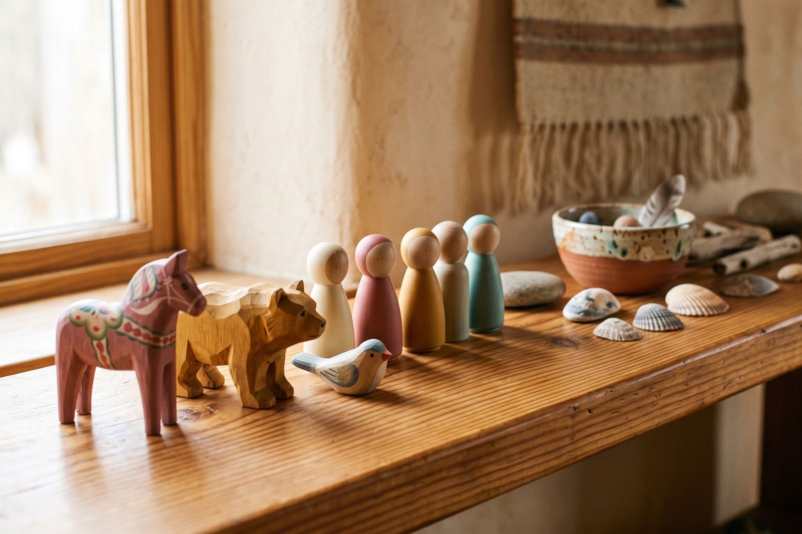 A warm wooden shelf holding rows of small painted figures and carved animals, softly lit from one side.
