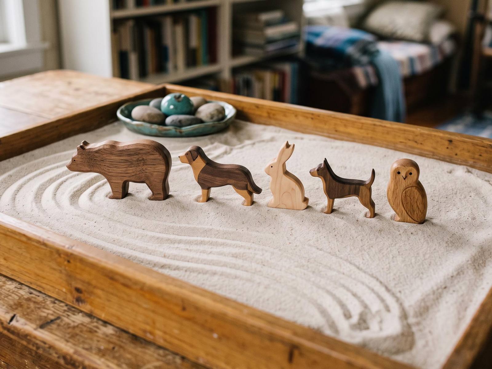 A shallow wooden tray of pale sand on a low table, fresh finger-drawn lines across the surface and two small wooden figures set down near the middle.