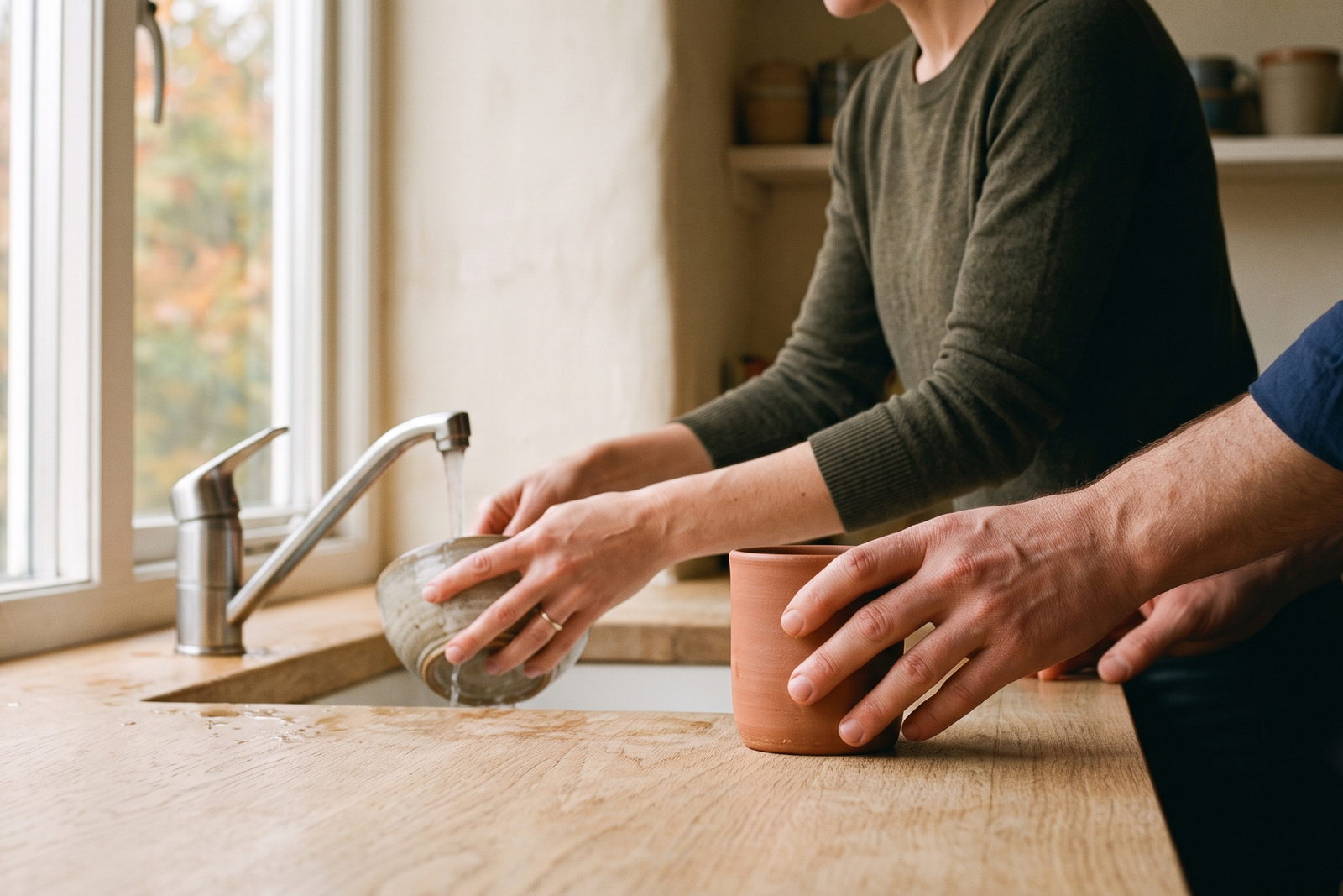 Two people working side by side at a kitchen sink, one rinsing a bowl while the other sets down a terracotta mug.