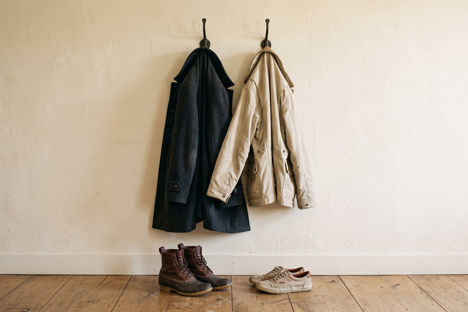 A dark wool coat and a pale canvas jacket hanging on adjacent hooks, with two pairs of shoes on the floor below.