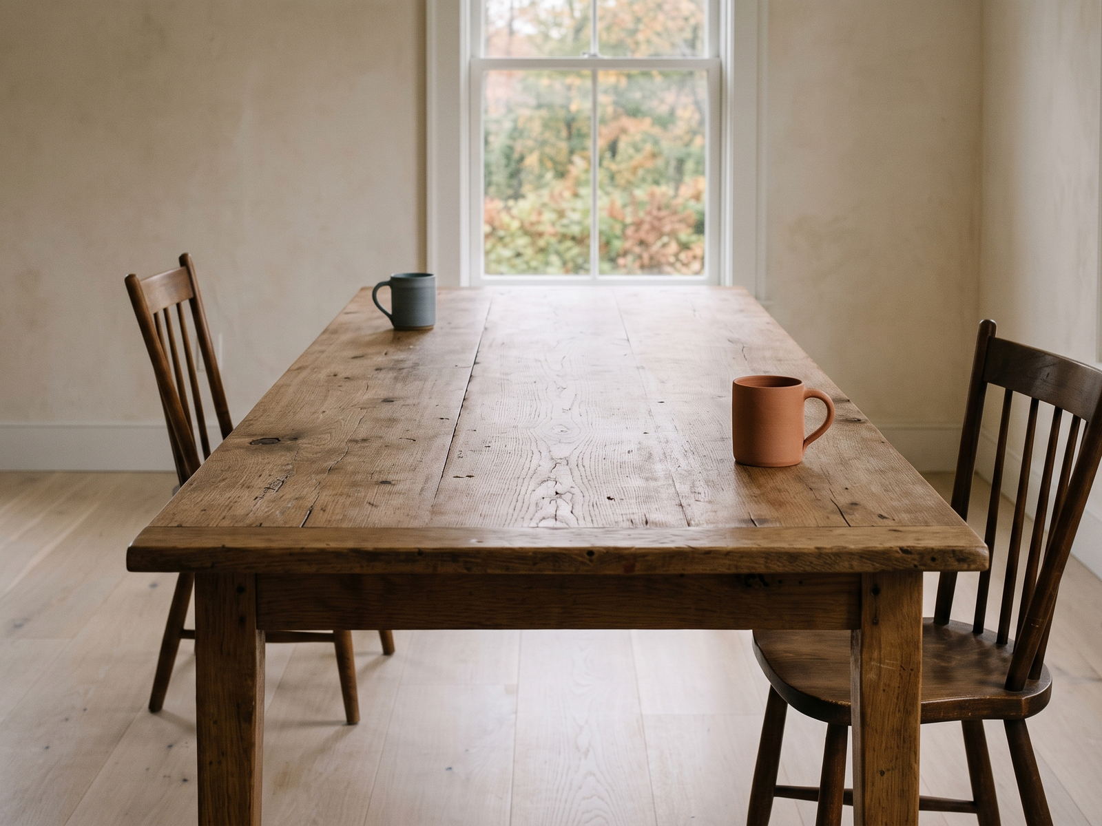 A long wooden dining table with a mug set at each end and a chair on either side, lit by a window between them.