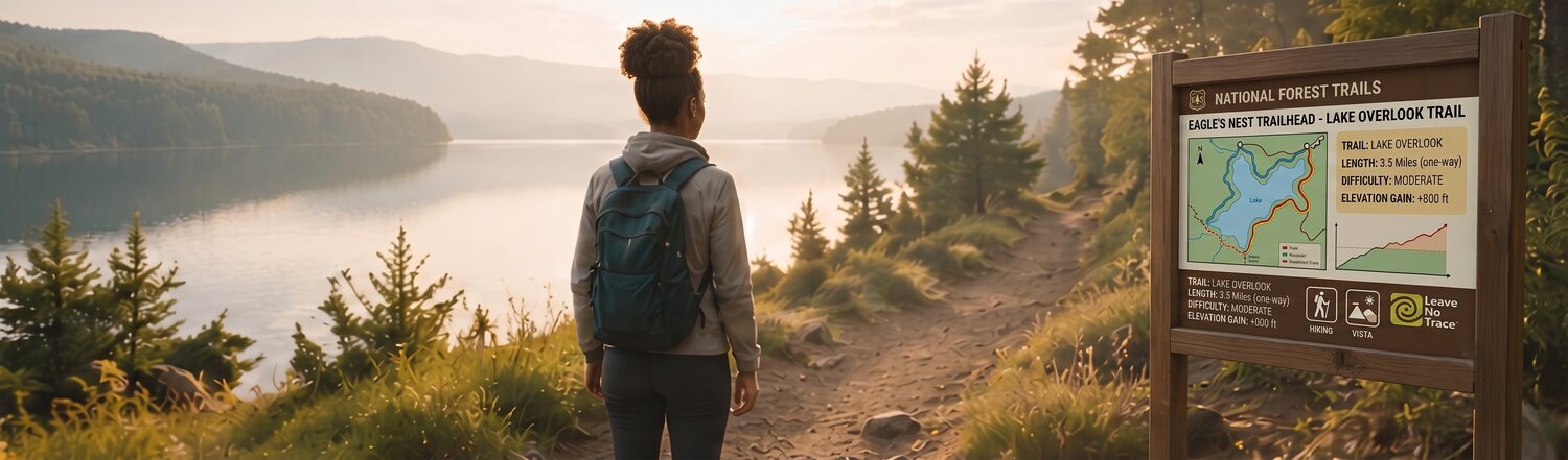 A hiker pausing at a trailhead overlooking a lake at sunrise
