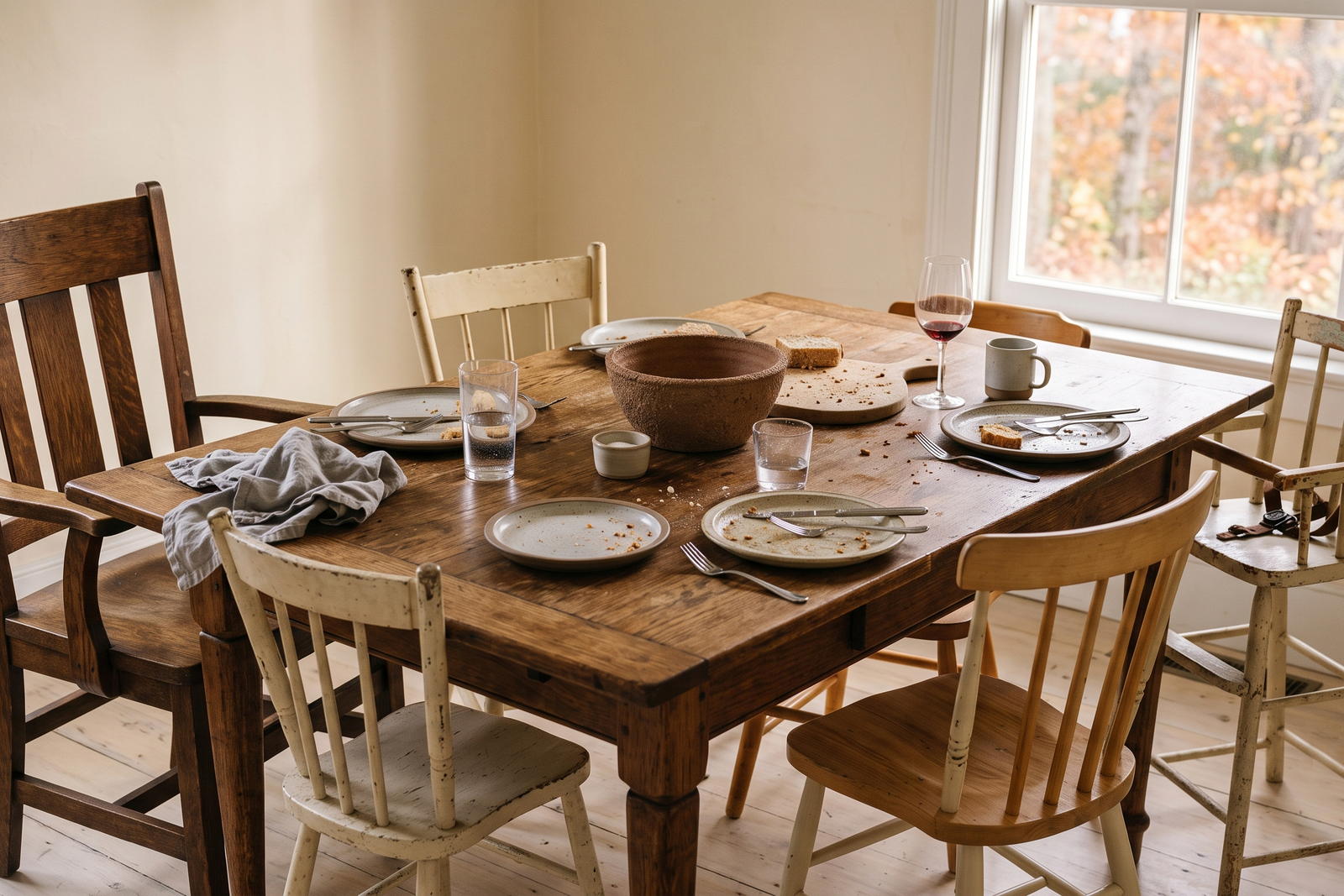 A family kitchen table after a shared meal, with mismatched chairs, used plates and a wooden serving bowl.