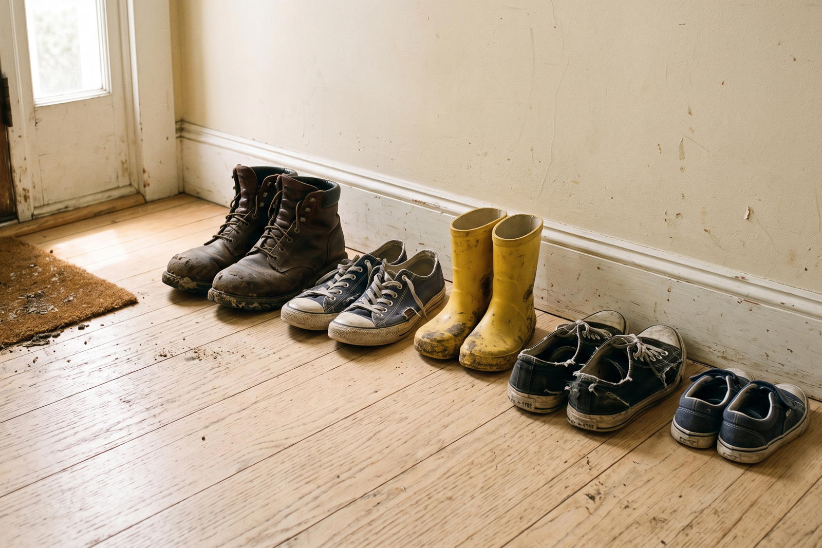 Five pairs of shoes in five different sizes lined up along the wall beside a doorway.
