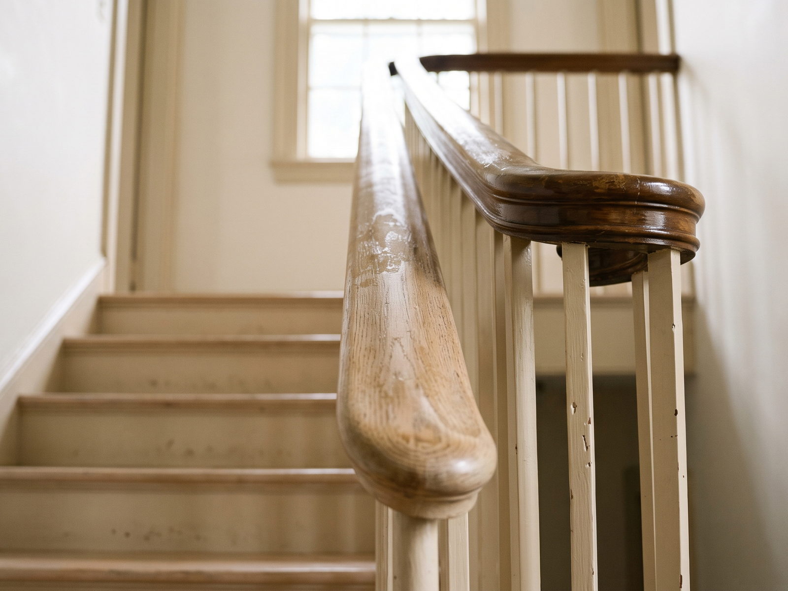 A worn wooden stair banister curving upward, its finish rubbed smooth where hands have gripped it over many years.