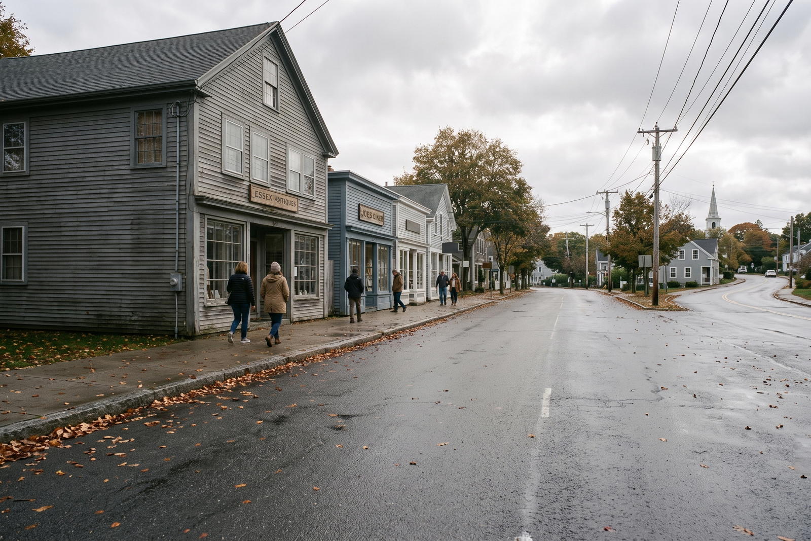 A quiet New England street on an overcast autumn afternoon, with a few people walking in the distance.