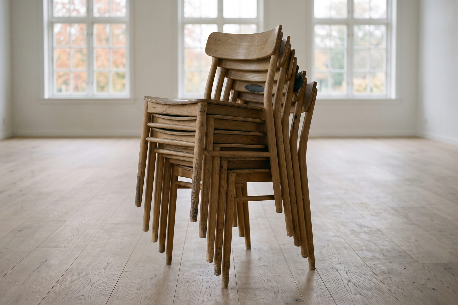 Wooden chairs stacked together at the edge of a bright, empty room.