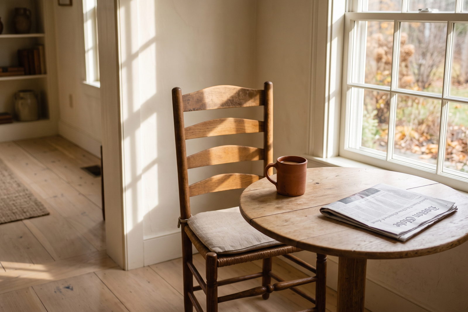 A ladder-back wooden chair pushed back from a small round table by a sunlit window, a terracotta mug and a folded newspaper left behind on the table.