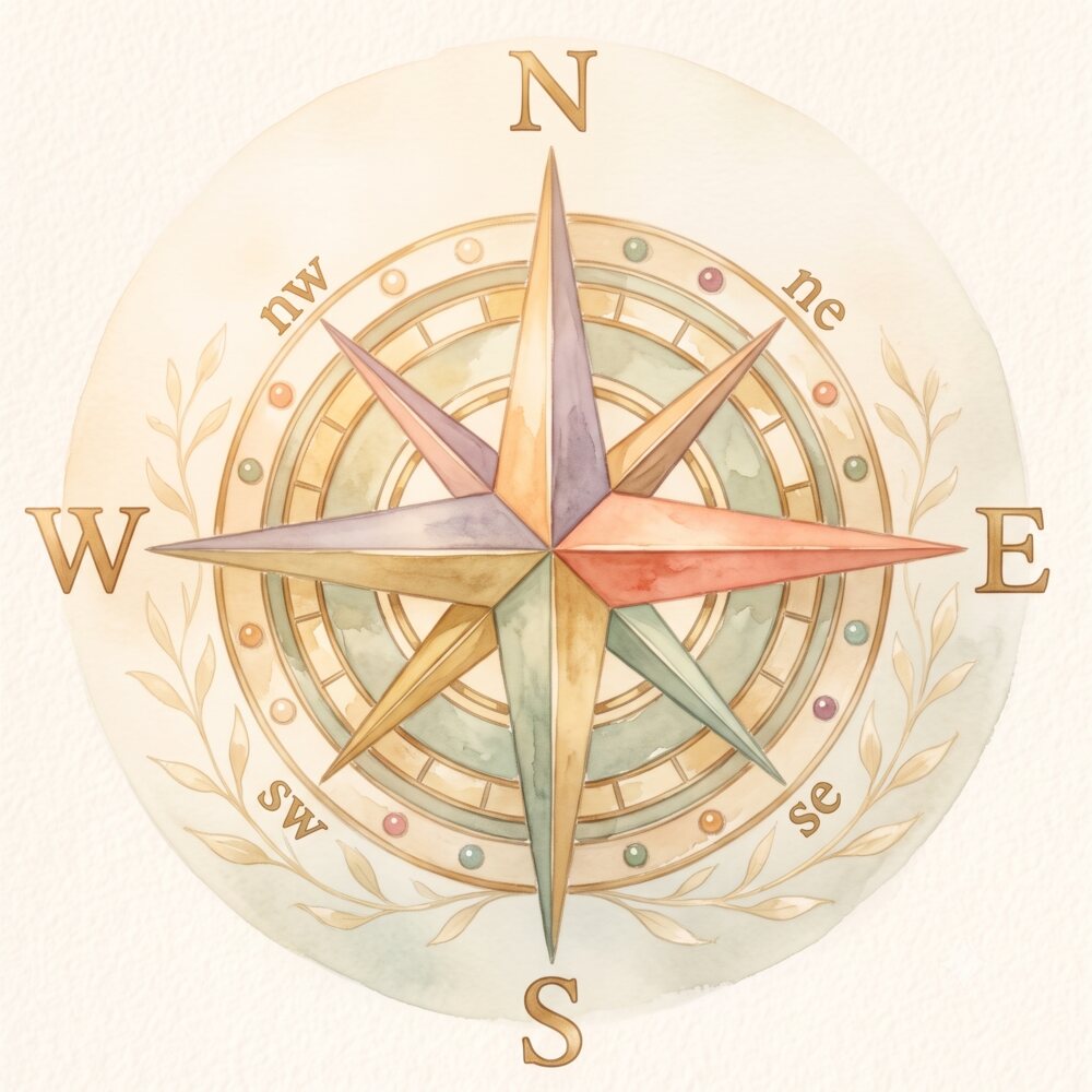A soft, painterly compass rose