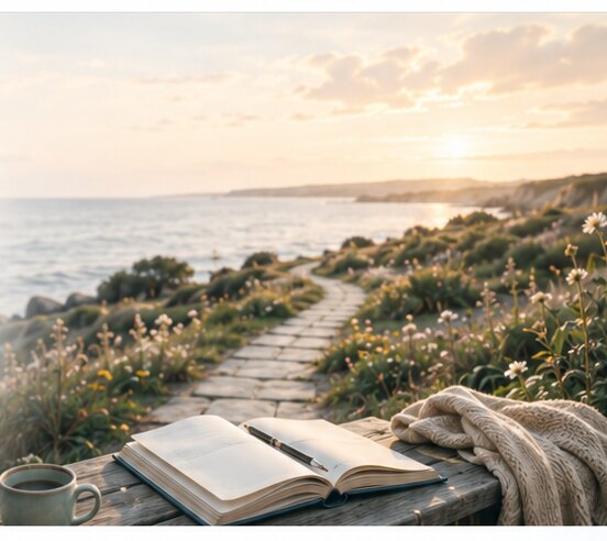 An open journal and coffee on a table overlooking a coastal path at sunset